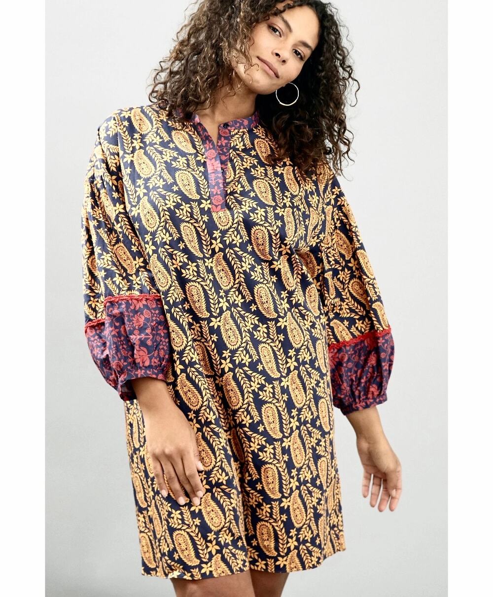 Sachin & Babi Celestine Paisley Print 3/4 Sleeve Tunic Shift Mini Dress Size XS